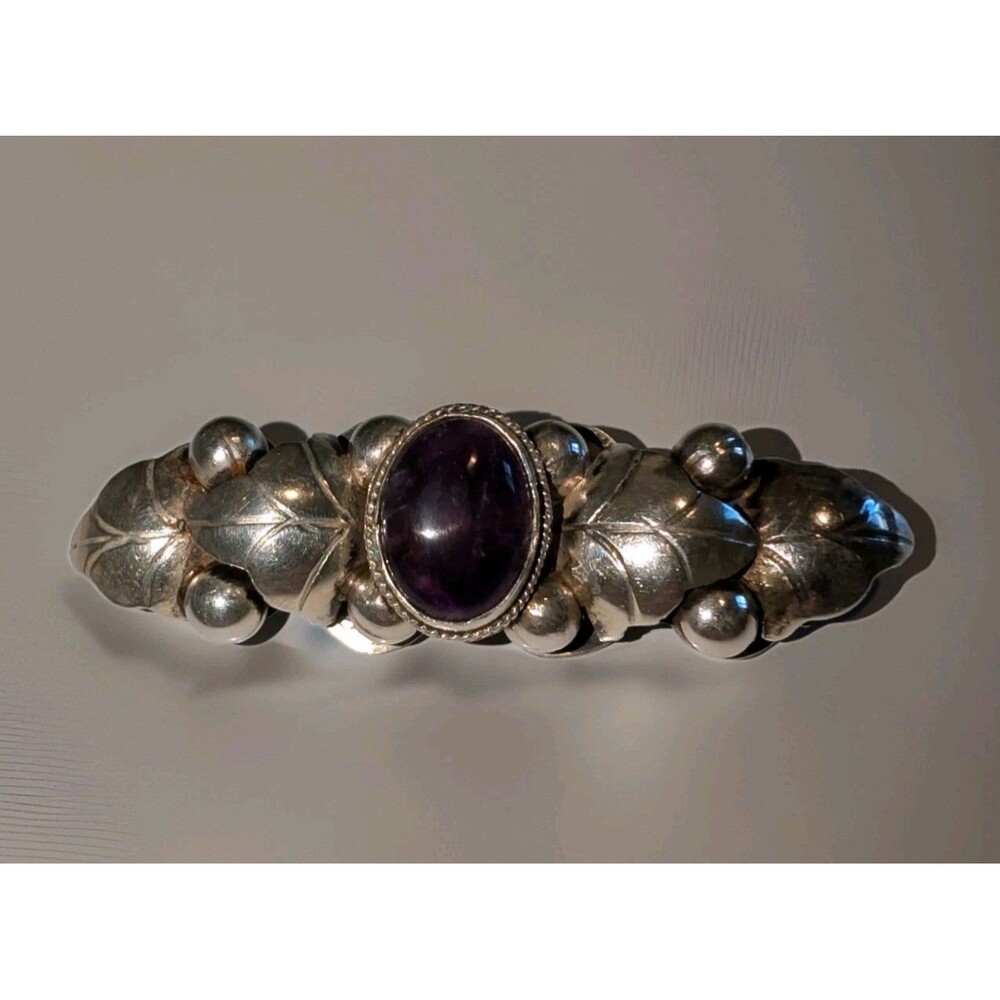 Rare Vintage Mexican Sterling Silver Natural Amethyst Grape Leaf Brooch 23g...
